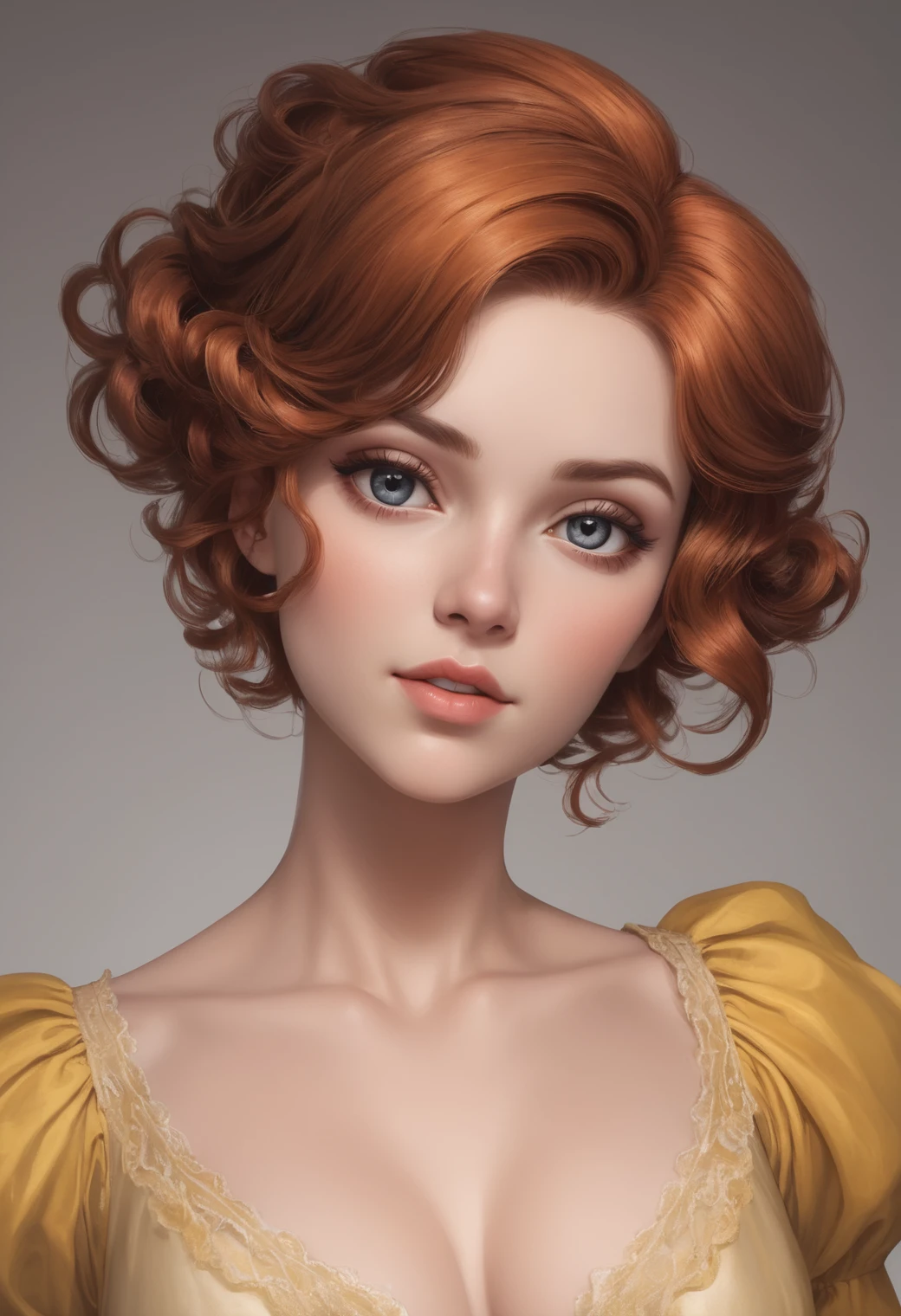 voluptuous Belle poque Daedra, Auburn hair styled as Short and messy