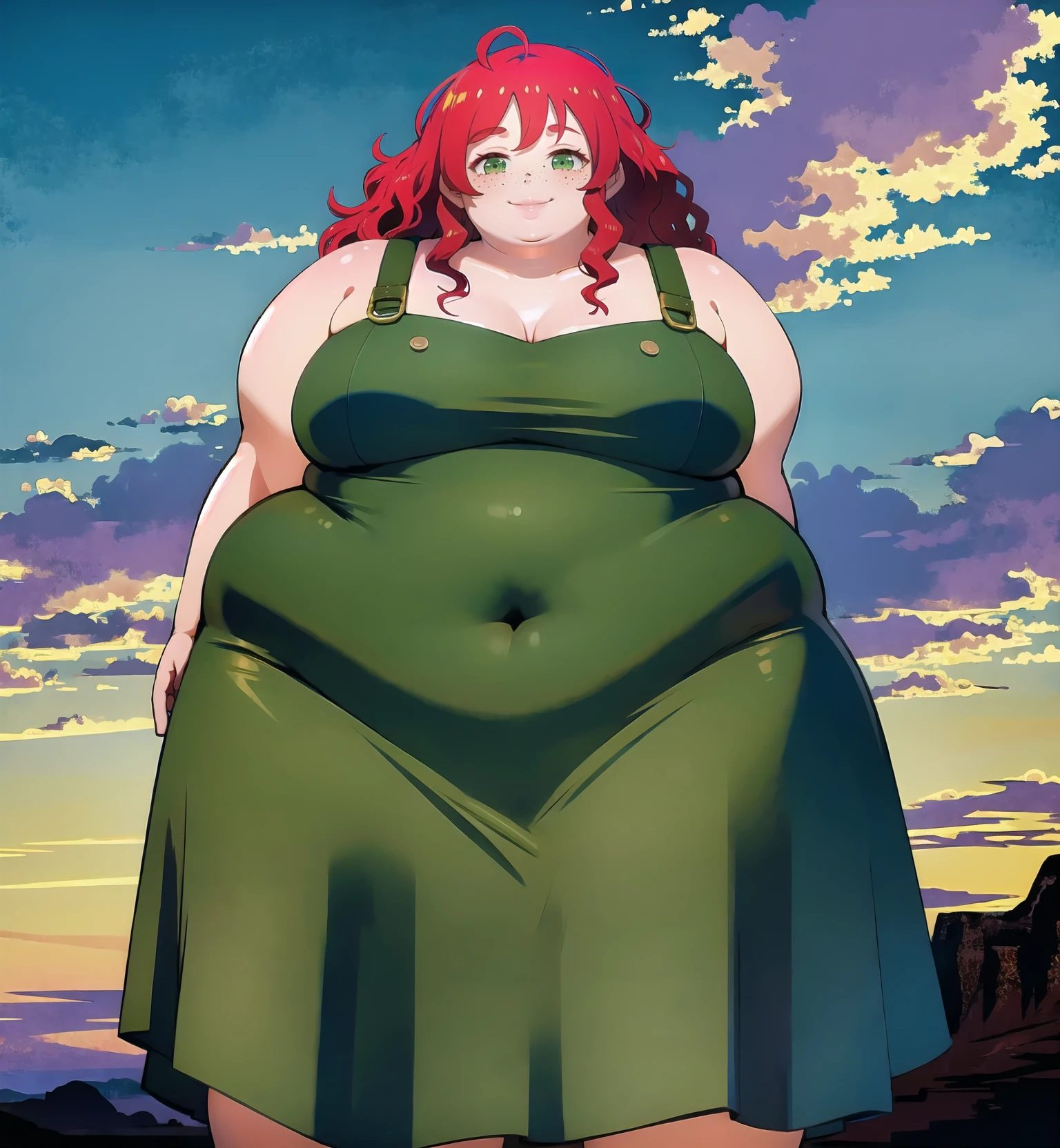 <lora:symix-preview-4-5:1>
(high_aesthetic:1.3),
immobile, covered navel, collarbone, 
(solo, 1girl), 
outdoors, sky, clouds, landscape, 
cowboy shot, standing, 
dress, long skirt, arms behind back,
smile, looking at viewer, 
wavy hair, red hair, green eyes, [freckles]