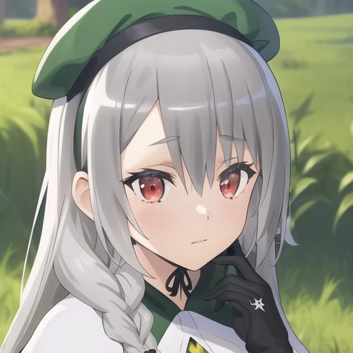 (masterpiece, best quality:1.2),illustration,8k,hd,1girl,solo,red eyes,bangs,long hair,braid,grey hair,hat,hairband,green dress,thighhighs,very long hair,layered sleeves,gloves,green headwear,side braid,white capelet,hair between eyes,boots,<lora:Maidena Angers-V1:0.7>,