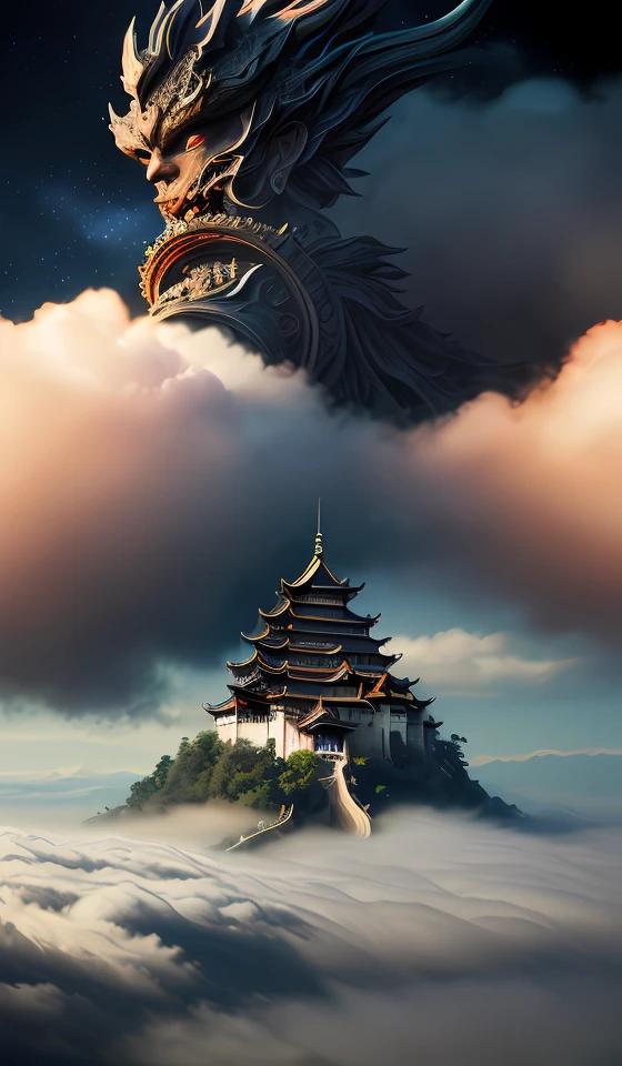 DUNGHUANG,DUNGHUANG BACKGROUND,on the sky,on the clouds,Fairyland, surrounded by clouds and smoke, oriental palace bridge, monster, abstract dream, space, intricate, grand scale, alone, cinematic film still, insane detail, sharp focus, depth of field, realistic lighting, (realistic perspective), complex, (multiple subjects), 4k HDR, <lora:add_detail:0.5> <lora:more_details:0.25> <lora:FantasyWorldV1:0.25>