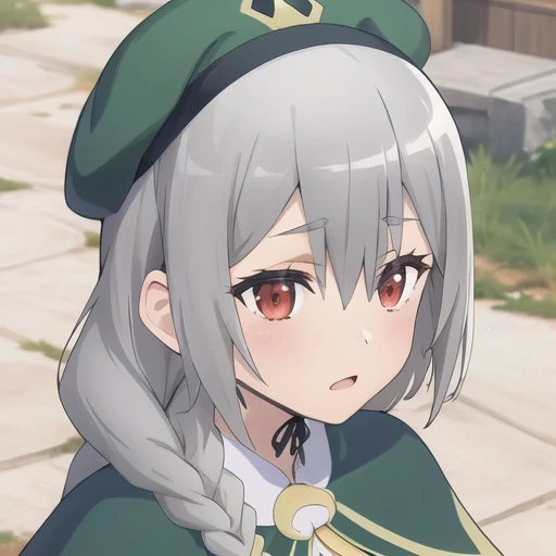 (masterpiece, best quality:1.2),illustration,8k,hd,1girl,solo,red eyes,bangs,long hair,braid,grey hair,hat,hairband,green dress,thighhighs,very long hair,layered sleeves,gloves,green headwear,side braid,white capelet,hair between eyes,boots,<lora:Maidena Angers-V1:0.7>,
