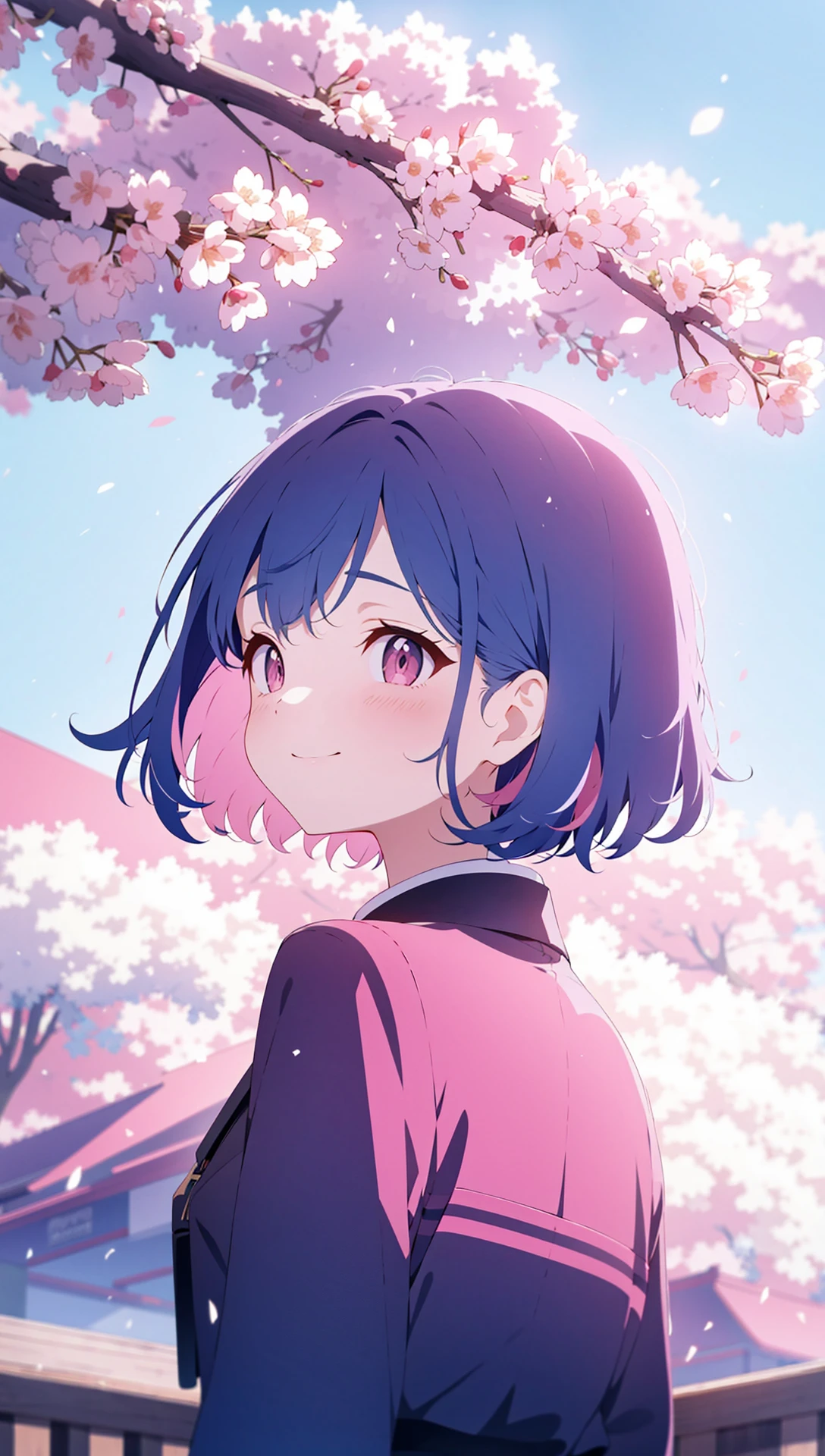 pink theme, <lora:BArtstyleV9b-CF-Lion-GC-LBW-000014:0.6>, upper body, girl, 1girl, solo, red eyes, blue hair, short hair, smiling, a girl walking on street, from back, looking back, mountain, blue sky AND pink sky, cherry blossoms, looking at viewer, facing viewer, day, upper body,