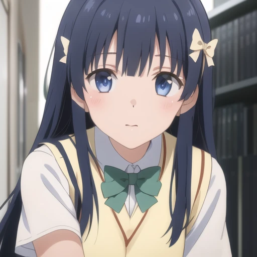 (masterpiece, best quality:1.2),illustration,8k,hd,1girl,solo,blue eyes,long hair,school uniform,bow,blue hair,hair ornament,sweater vest,blue hair,green skirt,black socks,hair ribbon,short sleeves,plaid skirt,pleated skirt,ribbon,<lora:Murasame Shizu-V1:0.7>,