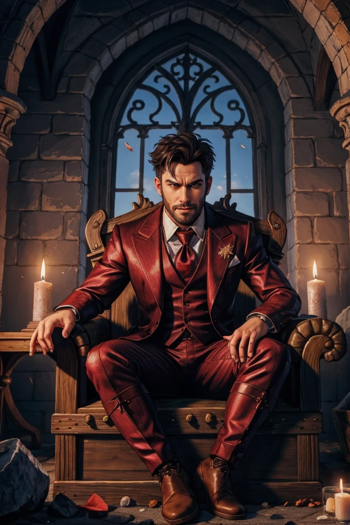 a angry smiling male vampire sitting in a coffin, in castle,bloody