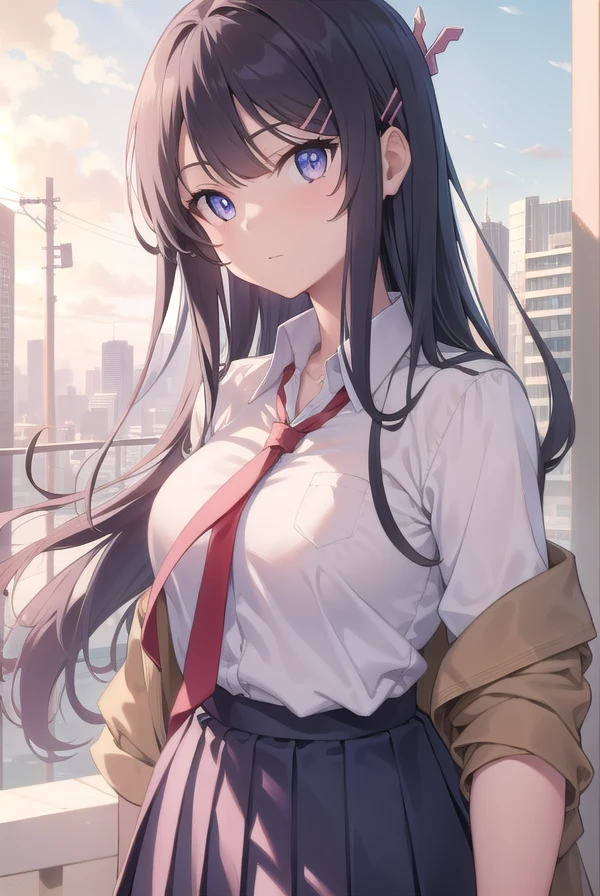 maisakurajima, <lora:maisakurajimatest:1>, sakurajima mai, long hair, bangs, black hair, hair ornament, (purple eyes:1.1), hairclip,
BREAK skirt, shirt, school uniform, white shirt, short sleeves, pantyhose, pleated skirt, collared shirt, blue skirt, black pantyhose, red necktie, jacket, brown jacket,
BREAK outdoors, city,
BREAK looking at viewer,
BREAK <lyco:GoodHands-beta2:1>, (masterpiece:1.2), best quality, high resolution, unity 8k wallpaper, (illustration:0.8), (beautiful detailed eyes:1.6), extremely detailed face, perfect lighting, extremely detailed CG, (perfect hands, perfect anatomy),
