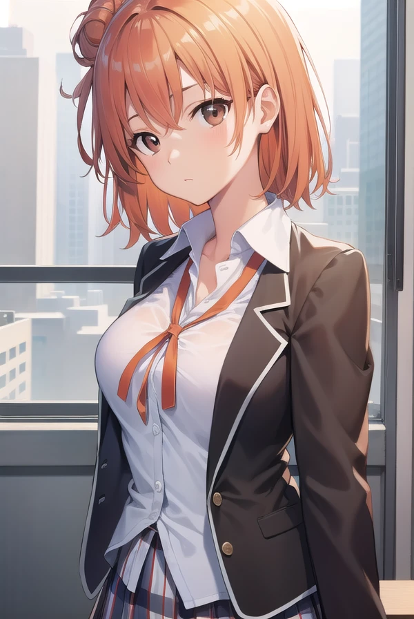 yuiyuigahama, <lora:yuiyuigahama:1>, yuigahama yui, short hair, (brown eyes:1.5), (orange hair:1.2), hair bun, single hair bun,
BREAK skirt, shirt, ribbon, school uniform, jacket, white shirt, black jacket, blazer, sobu high school uniform,
BREAK indoors, school,
BREAK looking at viewer,
BREAK <lyco:GoodHands-beta2:1>, (masterpiece:1.2), best quality, high resolution, unity 8k wallpaper, (illustration:0.8), (beautiful detailed eyes:1.6), extremely detailed face, perfect lighting, extremely detailed CG, (perfect hands, perfect anatomy),