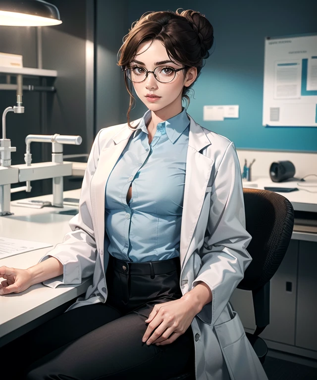 Smileing woman in glasses, brown eyes, black hair, pigtail, (wearing open white lab coat, naked, small Brests, showing Brests), hands behind the back, open legs, full body, first-person view, wide shot, wide-angle, masterpiece, high details, best quality, HD, realism, Nikon,sitting on a chair in the lab.