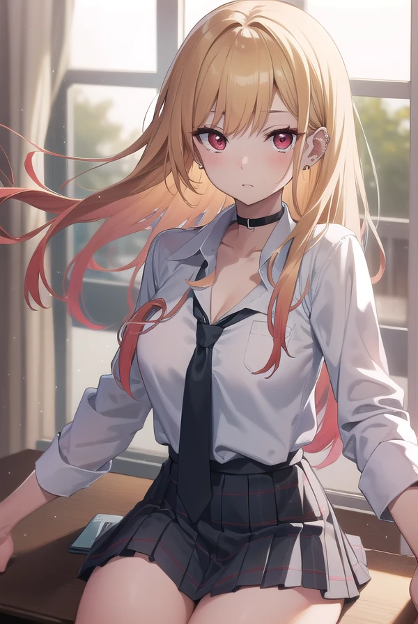 marinkitagawa, <lora:marinkitagawatest:1>,
marin kitagawa, blonde hair, choker, ear piercing, earrings, long hair, piercing, (red eyes:1.5), straight hair, swept bangs,
BREAK black necktie, long sleeves, pleated skirt, school uniform, shirt, skirt, sleeves rolled up, white shirt, cleavage,
BREAK indoors, classroom,
BREAK looking at viewer,
BREAK <lyco:GoodHands-beta2:1>, (masterpiece:1.2), best quality, high resolution, unity 8k wallpaper, (illustration:0.8), (beautiful detailed eyes:1.6), extremely detailed face, perfect lighting, extremely detailed CG, (perfect hands, perfect anatomy),