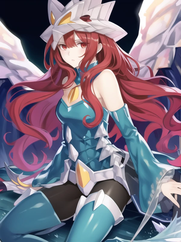 (hyper extreme detailed),(masterpeace),(hyper extreme),(photorealistic),CG,llustration,novel illustration,1girl, <lora:Nekroz_of_Gungnir_v1:1>Nekroz_of_Gungnir,red hair,red eyes,blue dress,pantyhose,teal,thigh boots,