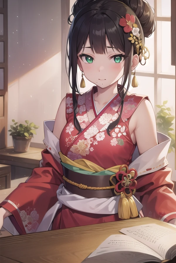 diakurosawa, <lora:diakurosawa:1>, dia kurosawa, black hair, (green eyes:1.5), blunt bangs, grey skirt, hair ornament, hairclip, mole, mole under mouth, (small breast:1.2),
BREAK collarbone, floral background, floral print, frilled sleeves, frills, hair bun, hair ornament, hair stick, hair tubes, headpiece, japanese clothes, kimono, my mai tonight, obi, sash, sidelocks, single hair bun,
BREAK looking at viewer,
BREAK indoors, classroom,
BREAK <lyco:GoodHands-beta2:1>, (masterpiece:1.2), best quality, high resolution, unity 8k wallpaper, (illustration:0.8), (beautiful detailed eyes:1.6), extremely detailed face, perfect lighting, extremely detailed CG, (perfect hands, perfect anatomy),