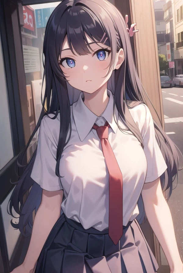 maisakurajima, <lora:maisakurajimatest:1>, sakurajima mai, long hair, bangs, black hair, hair ornament, (purple eyes:1.1), hairclip,
BREAK skirt, shirt, school uniform, white shirt, short sleeves, pantyhose, pleated skirt, collared shirt, blue skirt, black pantyhose, red necktie, jacket, brown jacket,
BREAK outdoors, city,
BREAK looking at viewer,
BREAK <lyco:GoodHands-beta2:1>, (masterpiece:1.2), best quality, high resolution, unity 8k wallpaper, (illustration:0.8), (beautiful detailed eyes:1.6), extremely detailed face, perfect lighting, extremely detailed CG, (perfect hands, perfect anatomy),