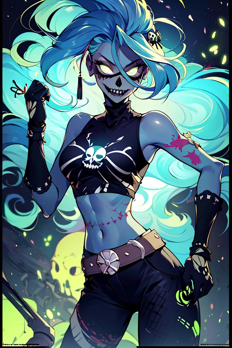 ((masterpiece,best quality)), absurdres, <lora:GlowingNightmare:0.8>, GlowingNightmare, glowing, <lora:Nara_AFK:0.6>, Nara_AFK, solo, 1girl, grey skin, torn clothes, skull, glowing, midriff, belt, pants, looking at viewer, cowboy shot, cinematic composition, dynamic pose