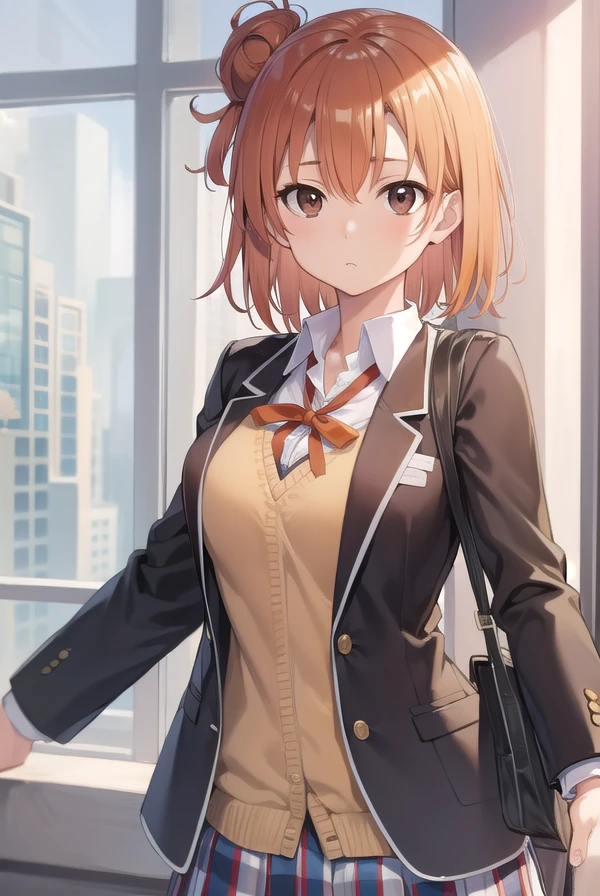 yuiyuigahama, <lora:yuiyuigahama:1>, yuigahama yui, short hair, (brown eyes:1.5), (orange hair:1.2), hair bun, single hair bun,
BREAK skirt, shirt, ribbon, school uniform, jacket, white shirt, black jacket, blazer, sobu high school uniform,
BREAK indoors, school,
BREAK looking at viewer,
BREAK <lyco:GoodHands-beta2:1>, (masterpiece:1.2), best quality, high resolution, unity 8k wallpaper, (illustration:0.8), (beautiful detailed eyes:1.6), extremely detailed face, perfect lighting, extremely detailed CG, (perfect hands, perfect anatomy),