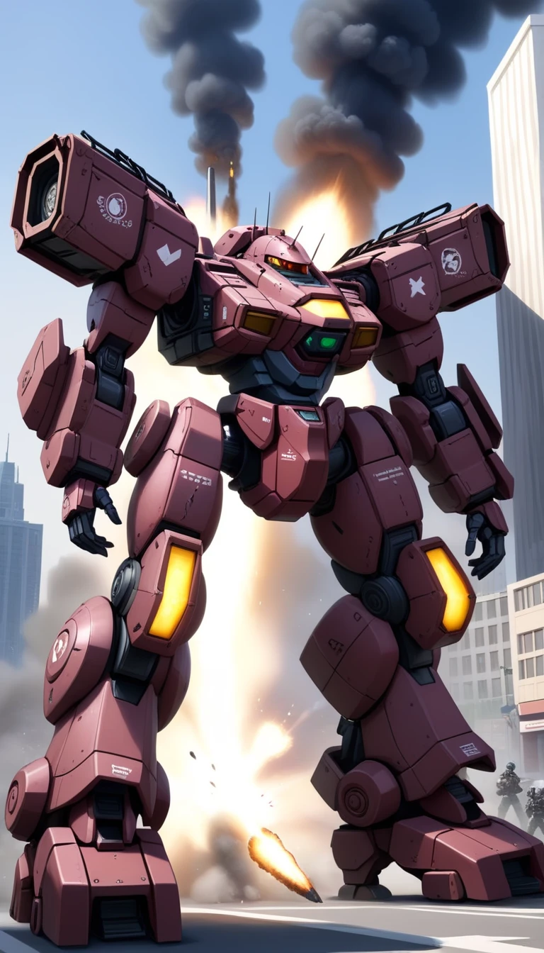 illustration, (MRS:1.5), super fine concept art, extremely detailed, (a heavy mech:1.2) , glowing eyes, full body, highly detailed, (heroic parts:1.5), (military parts:1.5), city, (battlefield:1.2), explosion, stray bullet, <lora:srdxl_v06bx:0.8>