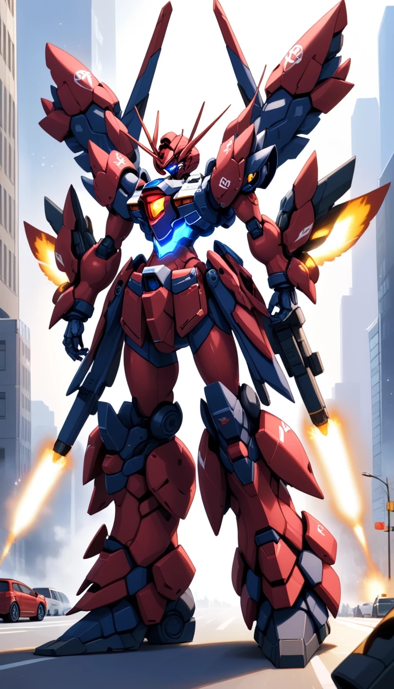 illustration, (RRS:1.5), (SRS:1.2),(large mecha:1.5), glowing eyes, full body, highly detailed ,(heroic parts:1.5), (military parts:1.2), (mechanic parts:1.2), (highly detailed full armor:1.5), (battlefield:1.2), (city:1.2),explosion, stray bullet,<lora:srdxl_v06bx:0.8>