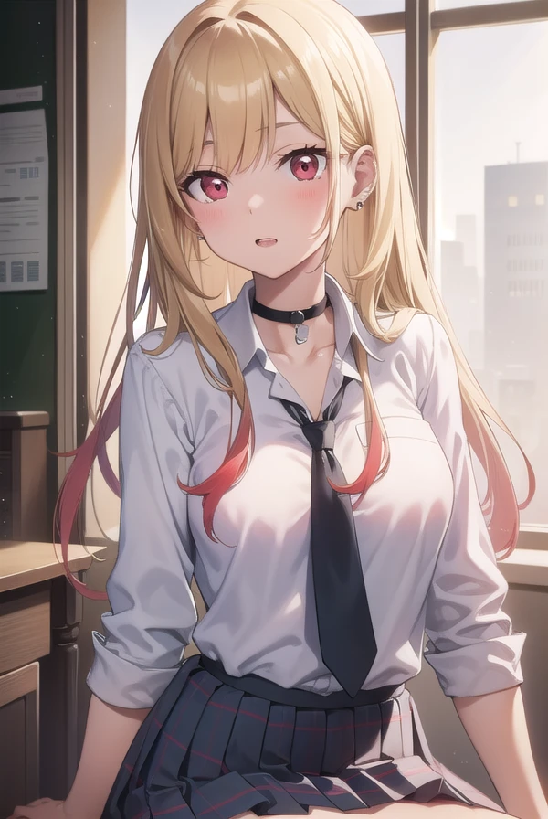 marinkitagawa, <lora:marinkitagawatest:1>,
marin kitagawa, blonde hair, choker, ear piercing, earrings, long hair, piercing, (red eyes:1.5), straight hair, swept bangs,
BREAK black necktie, long sleeves, pleated skirt, school uniform, shirt, skirt, sleeves rolled up, white shirt, cleavage,
BREAK indoors, classroom,
BREAK looking at viewer,
BREAK <lyco:GoodHands-beta2:1>, (masterpiece:1.2), best quality, high resolution, unity 8k wallpaper, (illustration:0.8), (beautiful detailed eyes:1.6), extremely detailed face, perfect lighting, extremely detailed CG, (perfect hands, perfect anatomy),