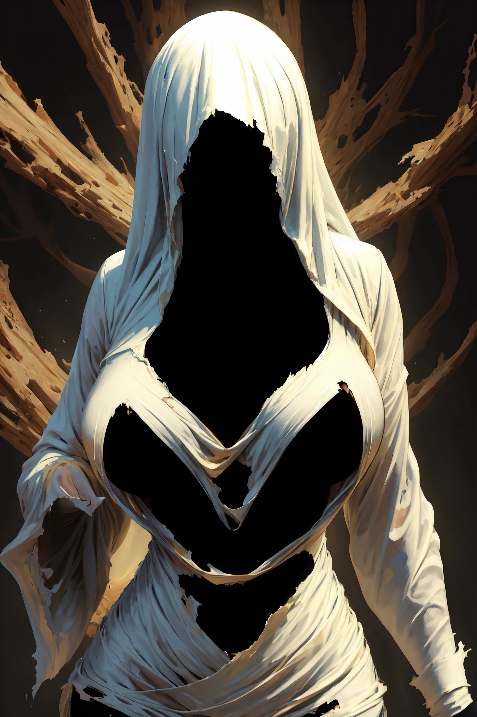 masterpiece, best quality, ultra high res, beautiful, visually stunning, elegant, incredible details,   <lora:g0s1 - Ghost:0.7>, g0s1, faceless, long sleeves, no humans, torn fabric, sleeves past wrists,sleeves past fingers,  empty, hollow,  (invisible breasts:1.2),         large breasts, wide hips, outdoors, portrait, upper body, cleavage, close-up,