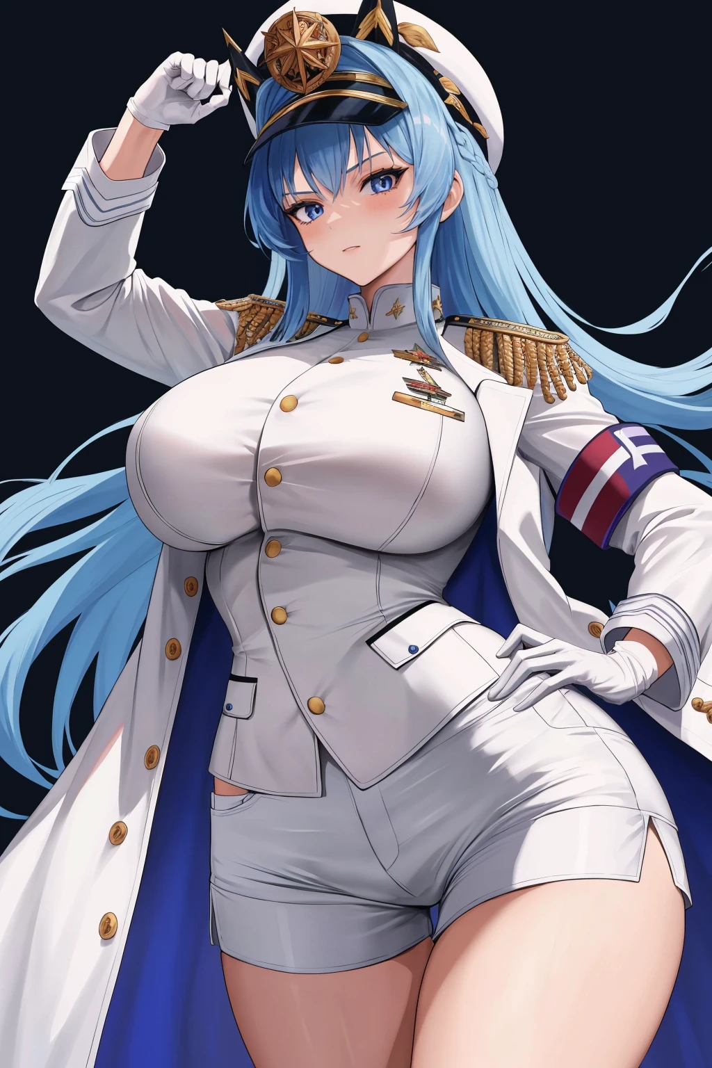 masterpiece, best quality, 1girl, solo, standing, <lora:helm-nikke-richy-v2:1> helmdef, hat, military, white shorts, white gloves, wide hips, thighs, large breasts, insignia, white jacket