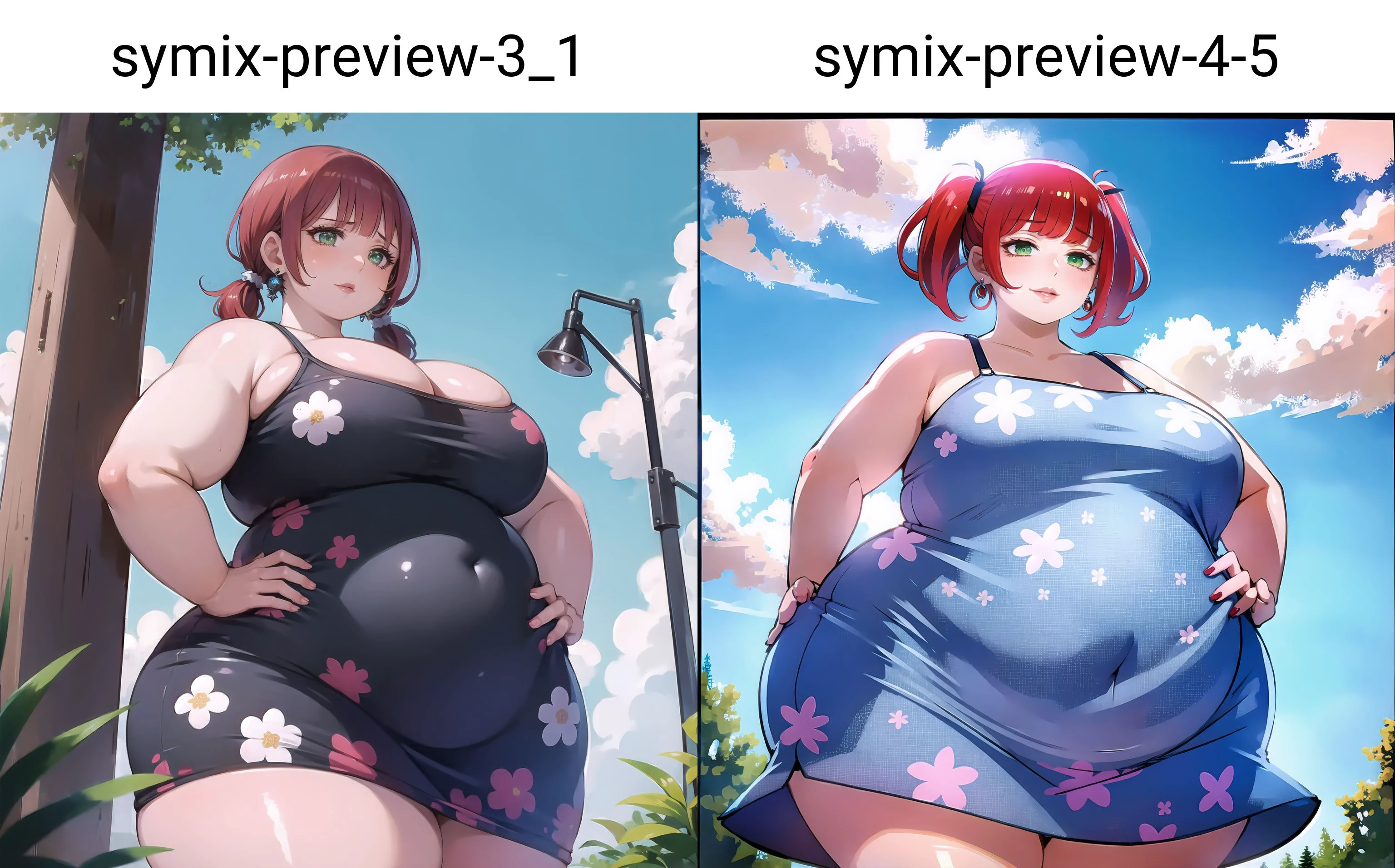 <lora:symix-preview-3_1:1>
(high_aesthetic:1.2)
(1girl, solo), 
blue sky, outdoors, 
standing, cowboy shot, 
(red hair), green eyes, short bangs, short twintails, medium hair, 
(plump:1.15), thick thighs, (wide hips), hourglass_figure, (huge breasts:1.2), (covered navel), 
sundress, (floral print), earrings, 
hands on hips, lips, closed mouth, 
(from below)