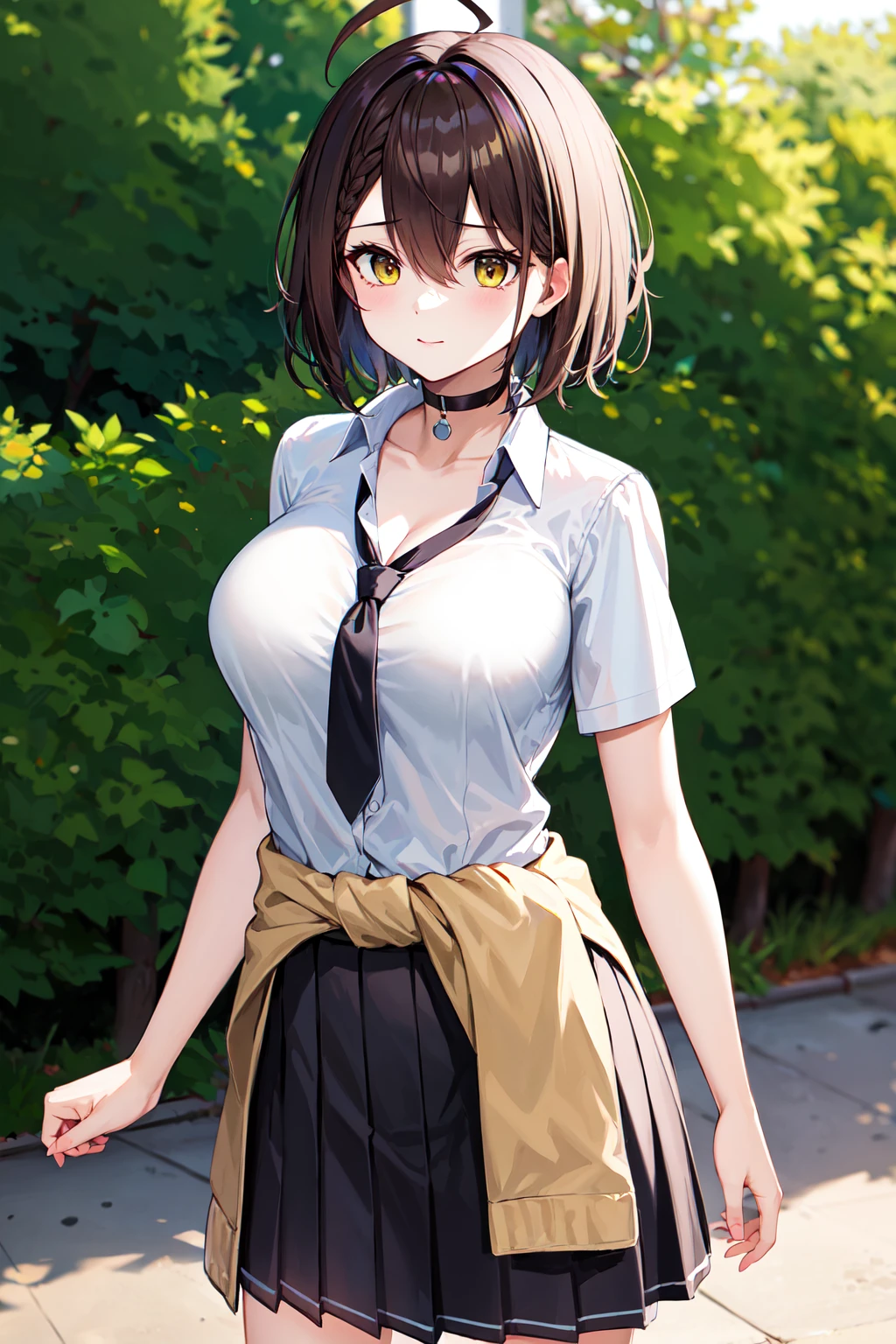 masterpiece, best quality, highres, bbbalti, short hair, ahoge, french braid, black choker, school uniform, black necktie, collarbone, cleavage, white shirt, short sleeves, cardigan around waist, pleated skirt, black skirt, loose necktie, <lora:baltimore_v1:0.7>, outdoors, standing, cowboy shot,