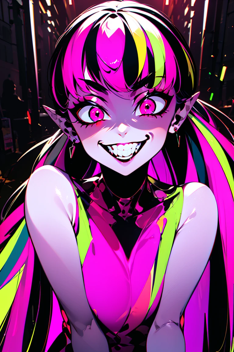 ((masterpiece,best quality)), absurdres, <lora:Draculaura_MH:0.8>, Draculaura_MH, neon colors,
solo, smiling, happy, looking at viewer, detailed glowing red eyes,
upper body,
cinematic composition, dynamic pose <lora:GlowingNightmare:0.7>, GlowingNightmare