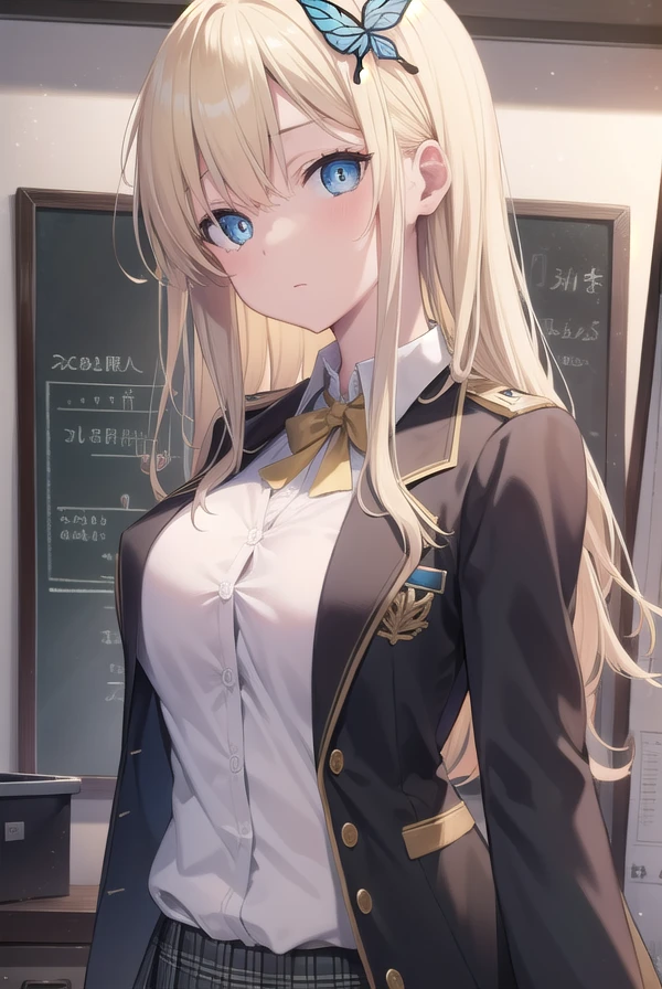 senakashiwazaki, <lora:senakashiwazakitest:1>, sena kashiwazaki, blonde hair, butterfly hair ornament, hair ornament, long hair,
BREAK blazer, jacket, open clothes, open shirt, school uniform, shirt, skirt, sleeves past wrists, st. chronica academy school uniform
BREAK looking at viewer,
BREAK classroom,
BREAK <lyco:GoodHands-beta2:1>, (masterpiece:1.2), best quality, high resolution, unity 8k wallpaper, (illustration:0.8), (beautiful detailed eyes:1.6), extremely detailed face, perfect lighting, extremely detailed CG, (perfect hands, perfect anatomy),