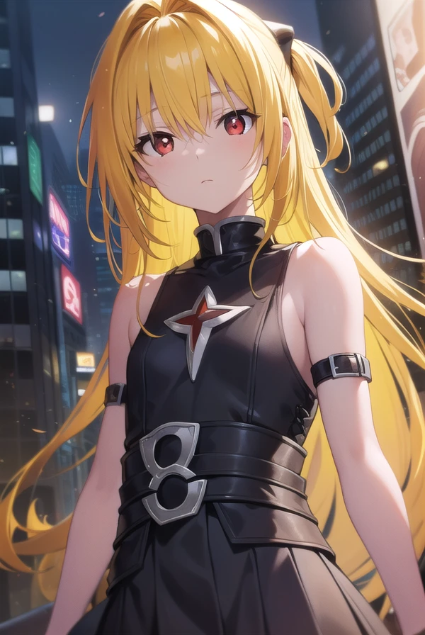 toloveruyami, <lora:yamitest:1>, yami, (yellow hair:1.5), long hair, (red eyes:1.5), hair ornament, (small chest:1.2),
BREAK sleeveless,
BREAK outdoors, city,
BREAK looking at viewer,
BREAK <lyco:GoodHands-beta2:1>, (masterpiece:1.2), best quality, high resolution, unity 8k wallpaper, (illustration:0.8), (beautiful detailed eyes:1.6), extremely detailed face, perfect lighting, extremely detailed CG, (perfect hands, perfect anatomy),