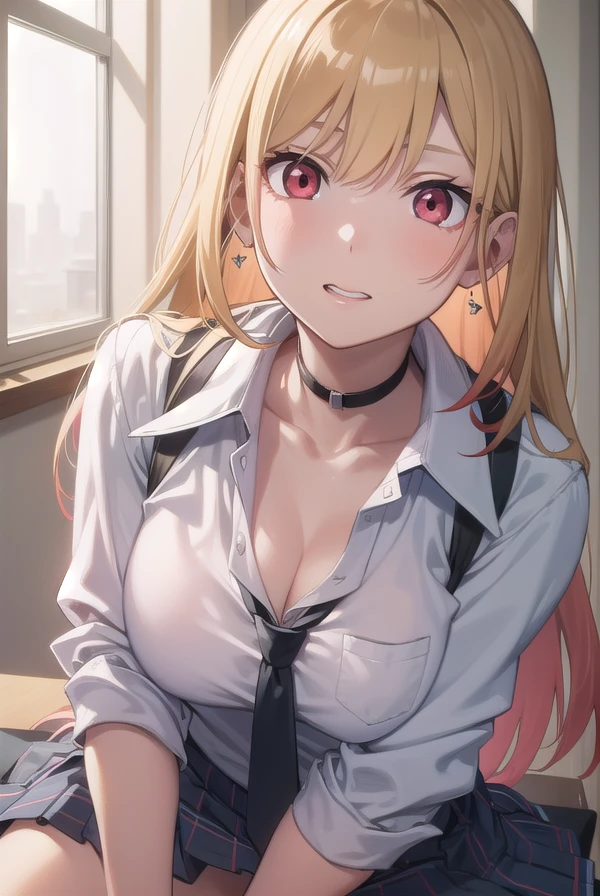 marinkitagawa, <lora:marinkitagawatest:1>, 
marin kitagawa, blonde hair, choker, ear piercing, earrings, long hair, piercing, (red eyes:1.5), straight hair, swept bangs,
BREAK black necktie, long sleeves, pleated skirt, school uniform, shirt, skirt, sleeves rolled up, white shirt, cleavage,
BREAK indoors, classroom,
BREAK looking at viewer, 
BREAK <lyco:GoodHands-beta2:1>, (masterpiece:1.2), best quality, high resolution, unity 8k wallpaper, (illustration:0.8), (beautiful detailed eyes:1.6), extremely detailed face, perfect lighting, extremely detailed CG, (perfect hands, perfect anatomy),