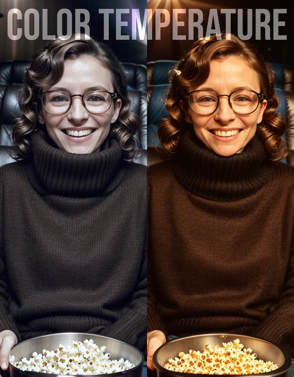 photo of a woman in a movie theatre, curled up in her chair, in a cashmere sweater, black rim glasses, eating popcorn and a soda, laughing, award winning photo, projector light above her , light brown hair <lora:color_temperature_slider_v1:-5>