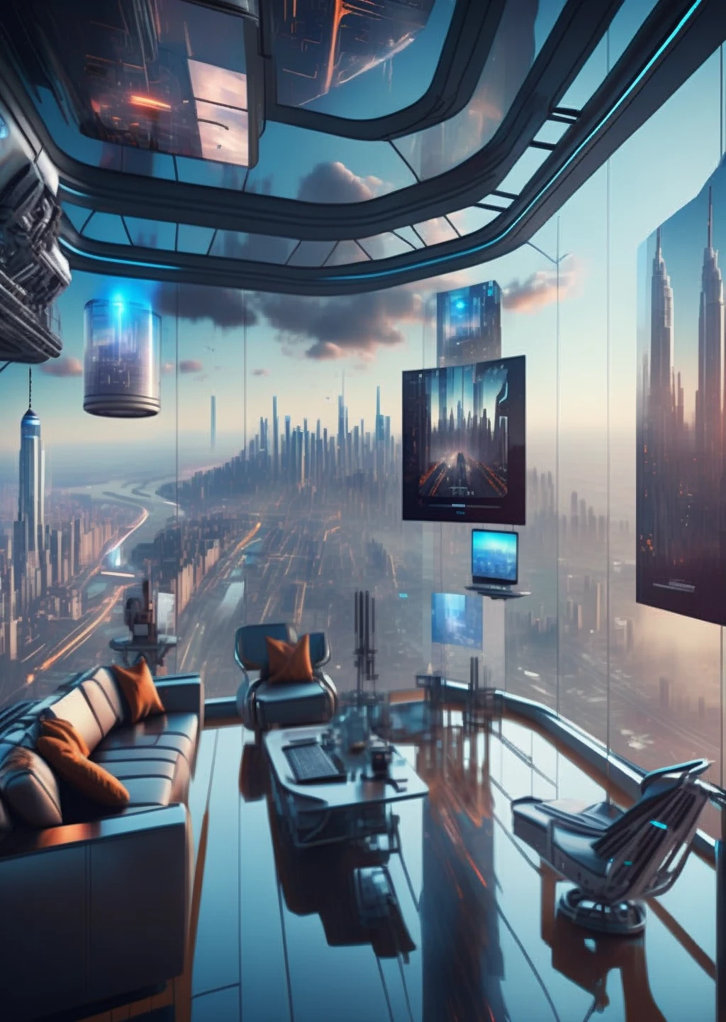 ((magazine photography)) , Sky-high observation deck, soaring above the city, panoramic glass walls, breathtaking metropolis views, augmented reality overlays, feeling on the edge of the future. , cgstudio, computer graphics, space art , cyberpunk ambient, a room<lora:cyber_room_sdxl:1.0>