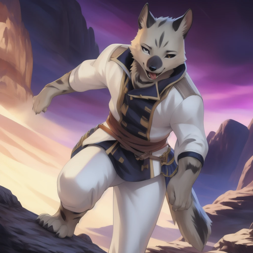 <lora:Lanteveldtx1_FR:1>,  Lanteveldt, solo, 1boy, military uniform, white pants, white shirt, full body,tongue out, open mouth, sharp teeth, grey fur, (dark shadows, wide dynamic range, hdr, low light:1.2), detailed background, desert, masterpiece, best quality, by Enki Bilal, Michael & Inessa Garmash, Ruan Jia, Pino Daeni, by ksejl