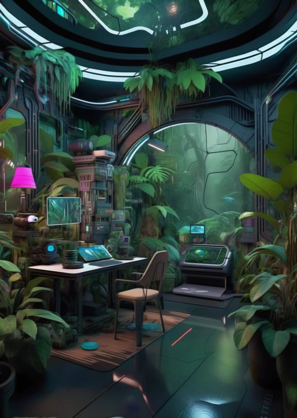 ((magazine photography)) , Digital jungle biome, augmented reality rainforest, immersive education in biodiverse ecosystems of the past. , cgstudio, computer graphics, space art , cyberpunk ambient, a room<lora:cyber_room_sdxl:1.0>