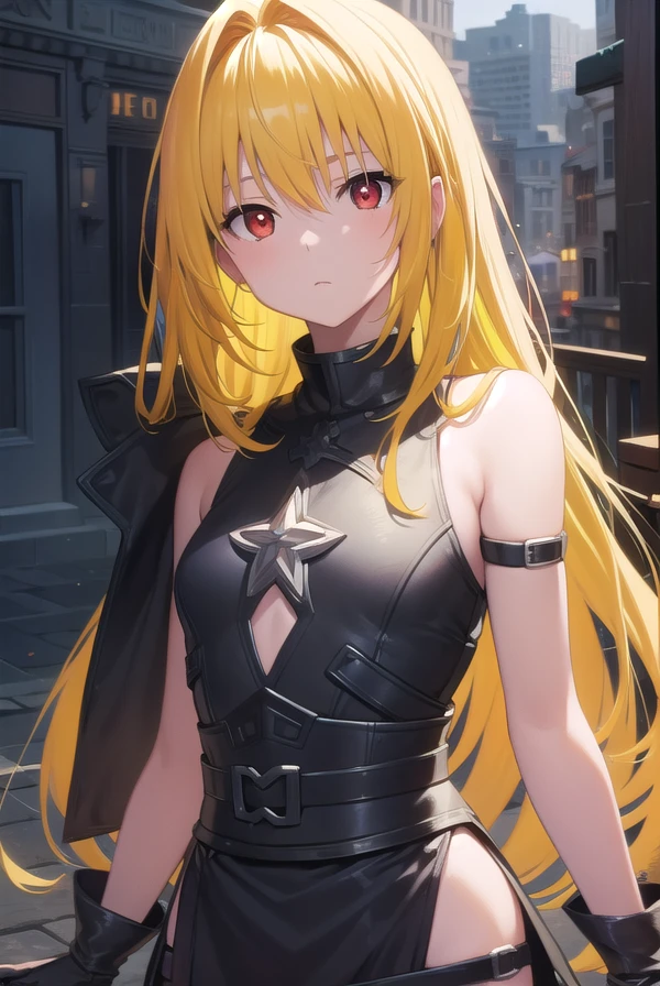 toloveruyami, <lora:yamitest:1>, yami, (yellow hair:1.5), long hair, (red eyes:1.5), hair ornament, (small chest:1.2),
BREAK sleeveless,
BREAK outdoors, city,
BREAK looking at viewer,
BREAK <lyco:GoodHands-beta2:1>, (masterpiece:1.2), best quality, high resolution, unity 8k wallpaper, (illustration:0.8), (beautiful detailed eyes:1.6), extremely detailed face, perfect lighting, extremely detailed CG, (perfect hands, perfect anatomy),
