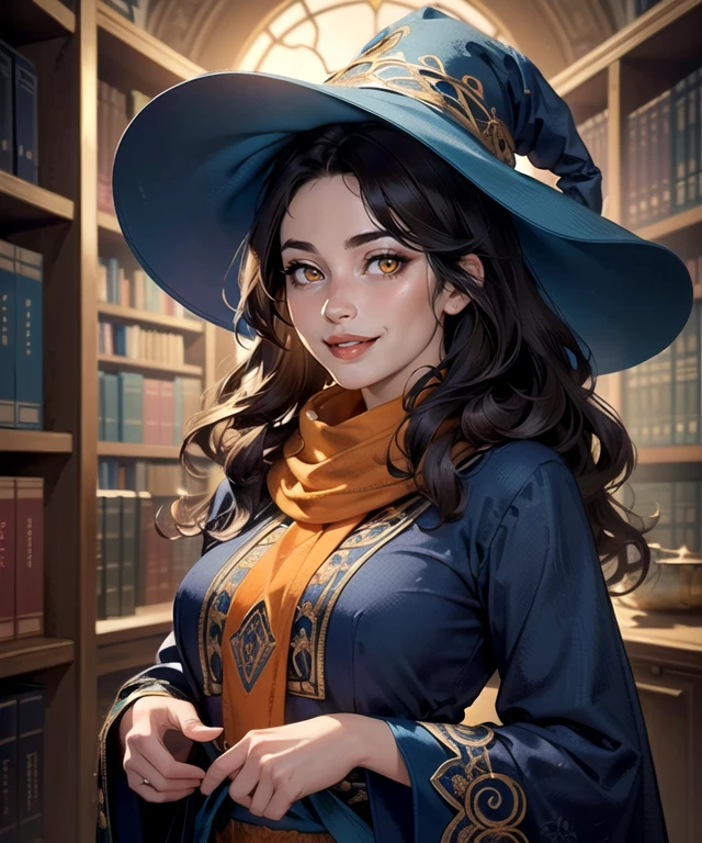 woman in her 20s, (perfect face), defined jawline, (beautiful bright orange eyes:1.2), beautiful lips, beautiful wide smile, (cute cheerful facial expression), (long dark brown flowing wavy hair), (intricate blue long-sleeved enchantress outfit), scarf, (big intricate blue witch hat), (warm volumetric lighting), looking at viewer, (medium shot photograph), (vibrant magic library background), realistic