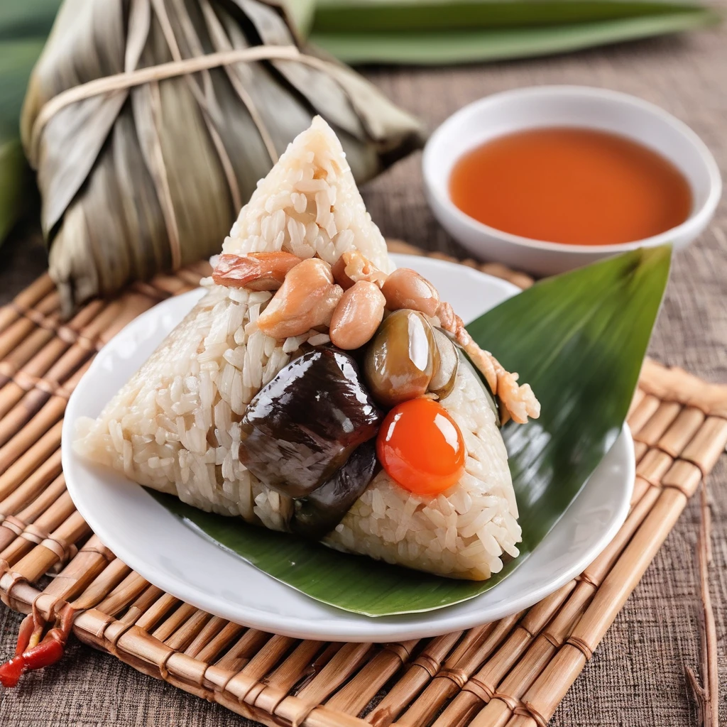 A delicious Chinese-style mazon (sticky rice dumpling) placed on a plate, drizzled with sauce. The zongzi is carefully wrapped, possibly with bamboo leaves, and the texture of the sticky rice and fillings is visible. The sauce adds a touch of flavor and visual appeal. The setting could be a dining table or a restaurant environment, with appropriate tableware and decorations. The scene should be as realistic as a high-resolution photograph, with warm and inviting lighting that highlights the details of the zongzi and the richness of the sauce, <lora:mazon:0.75>