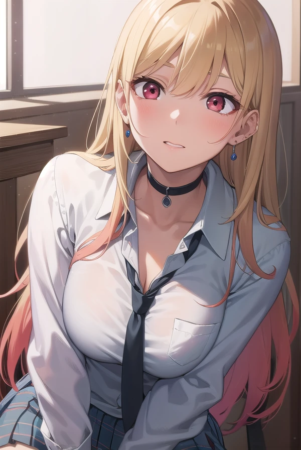 marinkitagawa, <lora:marinkitagawatest:1>, 
marin kitagawa, blonde hair, choker, ear piercing, earrings, long hair, piercing, (red eyes:1.5), straight hair, swept bangs,
BREAK black necktie, long sleeves, pleated skirt, school uniform, shirt, skirt, sleeves rolled up, white shirt, cleavage,
BREAK indoors, classroom,
BREAK looking at viewer, 
BREAK <lyco:GoodHands-beta2:1>, (masterpiece:1.2), best quality, high resolution, unity 8k wallpaper, (illustration:0.8), (beautiful detailed eyes:1.6), extremely detailed face, perfect lighting, extremely detailed CG, (perfect hands, perfect anatomy),