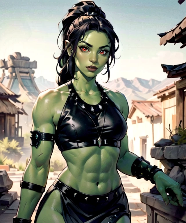 woman in her 20s, (perfect face), defined jawline, beautiful lips, (beautiful bright red eyes), (long black braided ponytail:1.2), (green skin), (perfect anatomy), (athletic body), (sexy), exposed midriff, abs, (perfect hands), (black intricate sleeveless tribal dress:1.2), (intricate silver arm bracers studded with gems), (intricate ancient tribal bone necklace), (looking at viewer), (medium shot photograph), (ancient tribal village background), realistic
