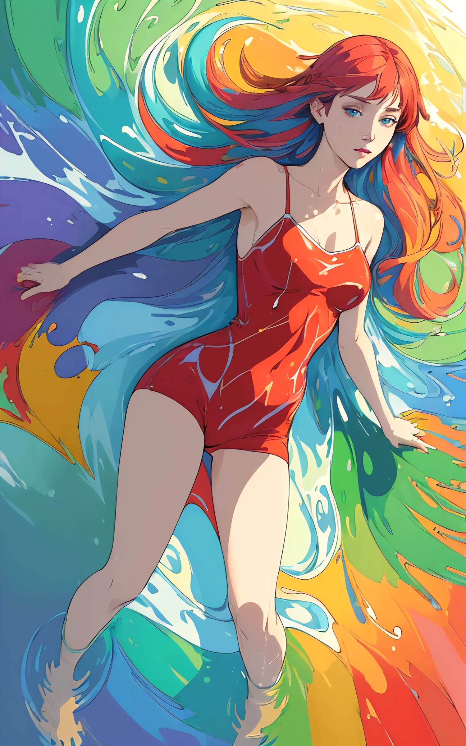 (masterpiece, best quality:1.35), (flat color:1.27), (colorful:1.35), looking at viewer, 1girl, (((solo))), floating in colorful water, (2D:1.25), perfect lighting, perfect shading, (realistic:1.2), (mature adult:1.37), dynamic pose, (detailed, intricate), beautiful, gorgeous stunning, cinematic, epic, (perfect body, perfect legs), (Photorealistic:1.5), (mature adult:1.37), centered, (sketch, illustration),