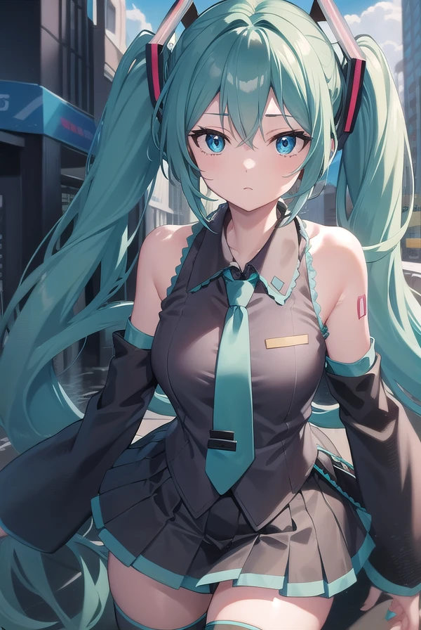 hatsunemiku, <lora:mikuhatsunetest:1>,
miku hatsune, ahoge, aqua eyes, aqua hair, crossed bangs, hair between eyes, hair ornament, headphones, long hair, twintails,
BREAK aqua necktie, black footwear, black skirt, black sleeves, boots, collared shirt, detached sleeves, grey shirt, necktie, pleated skirt, shirt, skirt, sleeveless, sleeveless shirt, thigh boots, tie clip,
BREAK looking at viewer,
BREAK outdoors, city,
BREAK <lyco:GoodHands-beta2:1>, (masterpiece:1.2), best quality, high resolution, unity 8k wallpaper, (illustration:0.8), (beautiful detailed eyes:1.6), extremely detailed face, perfect lighting, extremely detailed CG, (perfect hands, perfect anatomy),