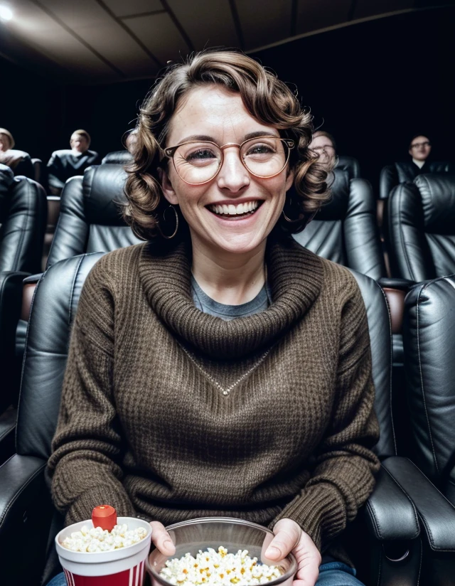 photo of a woman in a movie theatre, curled up in her chair,  in a cashmere sweater, black rim glasses,  eating popcorn and a soda, laughing,   award winning photo, projector light above her , light brown hair   <lora:color_temperature_slider_v1:-4>