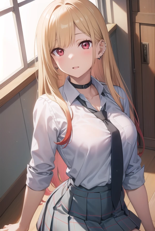 marinkitagawa, <lora:marinkitagawatest:1>,
marin kitagawa, blonde hair, choker, ear piercing, earrings, long hair, piercing, (red eyes:1.5), straight hair, swept bangs,
BREAK black necktie, long sleeves, pleated skirt, school uniform, shirt, skirt, sleeves rolled up, white shirt, cleavage,
BREAK indoors, classroom,
BREAK looking at viewer,
BREAK <lyco:GoodHands-beta2:1>, (masterpiece:1.2), best quality, high resolution, unity 8k wallpaper, (illustration:0.8), (beautiful detailed eyes:1.6), extremely detailed face, perfect lighting, extremely detailed CG, (perfect hands, perfect anatomy),