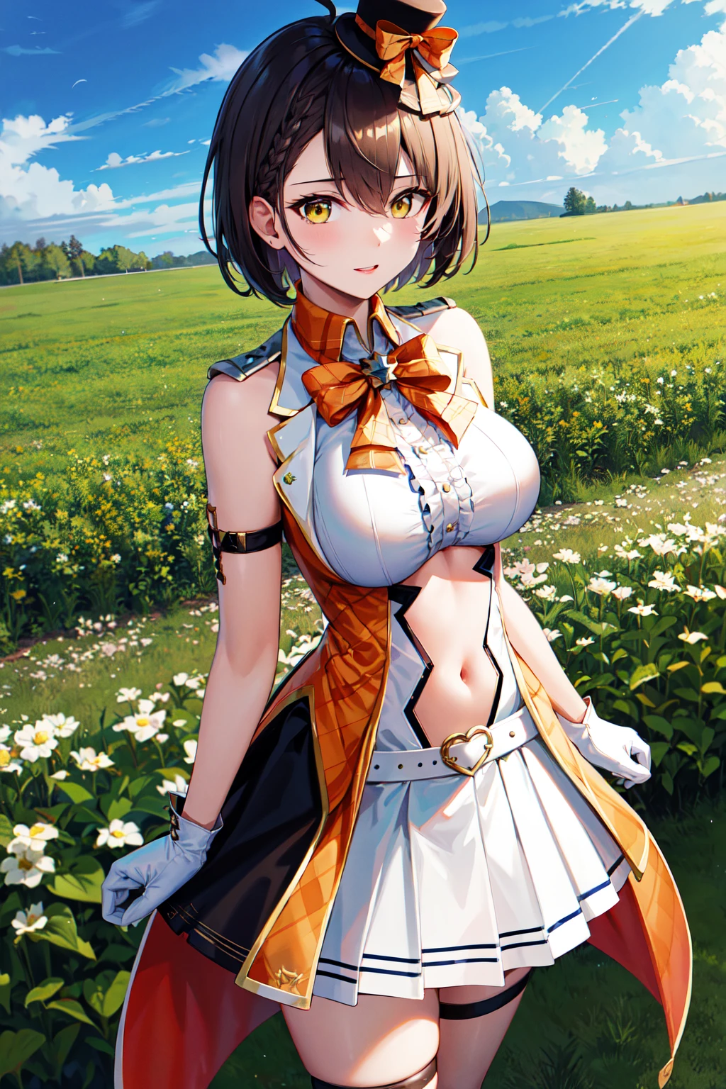 masterpiece, best quality, highres, eebalti, short hair, ahoge, french braid, mini hat, orange bow, plaid, sleeveless shirt, center frills, arm strap, white gloves, navel cutout, belt, white skirt, miniskirt, <lora:baltimore_v1:0.7>, standing, cowboy shot, outdoors, field, arms at sides,