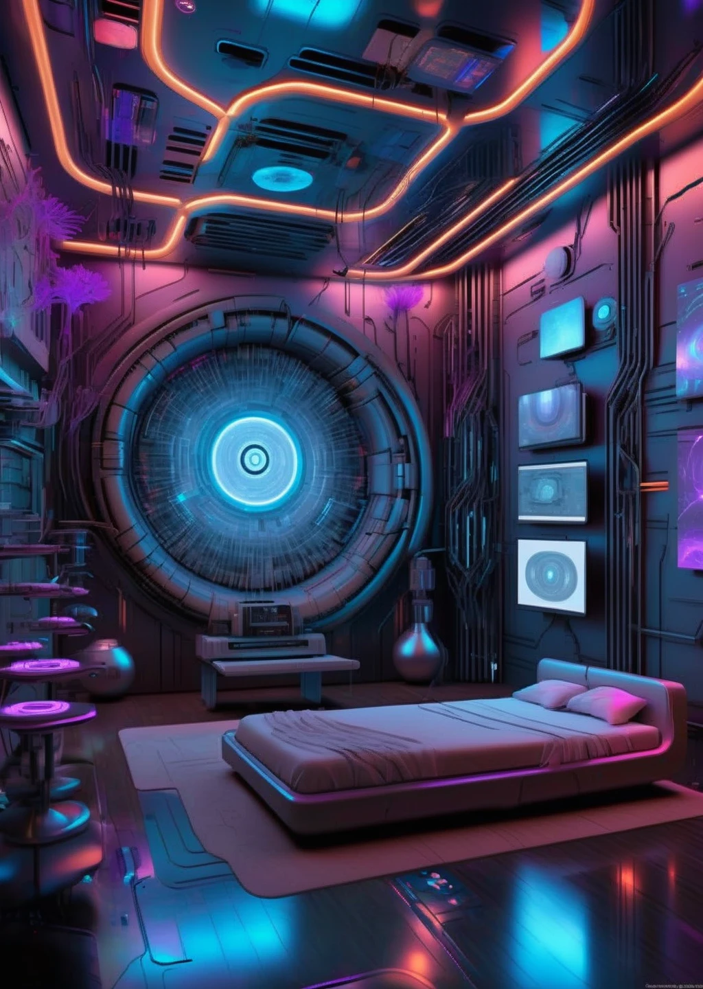 ((magazine photography)) , Brainwave lounge, neural resonators, meditative pods, synaptic harmonics, immersive neural soundscapes, transcendental experiences in data-encoded tranquility. , cgstudio, computer graphics, space art , cyberpunk ambient, a room<lora:cyber_room_sdxl:1.0>