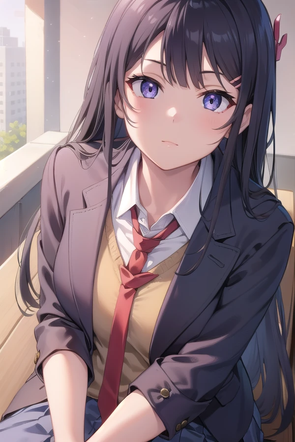 maisakurajima, <lora:maisakurajimatest:1>, sakurajima mai, long hair, bangs, black hair, hair ornament, (purple eyes:1.1), hairclip,
BREAK skirt, shirt, school uniform, white shirt, short sleeves, pantyhose, pleated skirt, collared shirt, blue skirt, black pantyhose, red necktie, jacket, brown jacket,
BREAK outdoors, city,
BREAK looking at viewer,
BREAK <lyco:GoodHands-beta2:1>, (masterpiece:1.2), best quality, high resolution, unity 8k wallpaper, (illustration:0.8), (beautiful detailed eyes:1.6), extremely detailed face, perfect lighting, extremely detailed CG, (perfect hands, perfect anatomy),