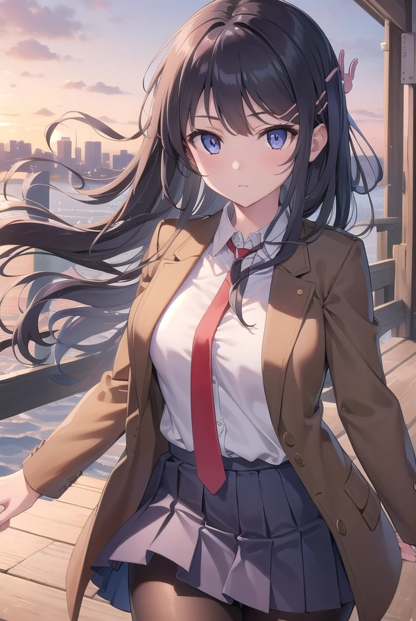 maisakurajima, <lora:maisakurajimatest:1>, sakurajima mai, long hair, bangs, black hair, hair ornament, (purple eyes:1.1), hairclip,
BREAK skirt, shirt, school uniform, white shirt, short sleeves, pantyhose, pleated skirt, collared shirt, blue skirt, black pantyhose, red necktie, jacket, brown jacket,
BREAK outdoors, city,
BREAK looking at viewer,
BREAK <lyco:GoodHands-beta2:1>, (masterpiece:1.2), best quality, high resolution, unity 8k wallpaper, (illustration:0.8), (beautiful detailed eyes:1.6), extremely detailed face, perfect lighting, extremely detailed CG, (perfect hands, perfect anatomy),