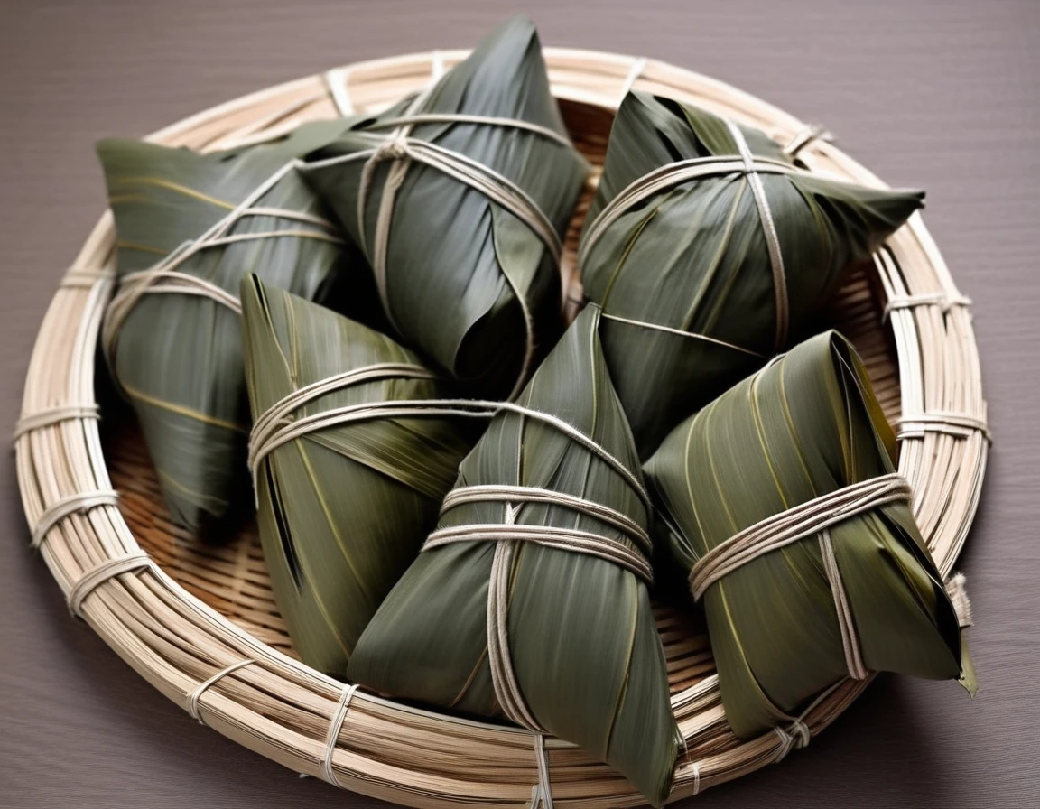A Chinese-style mazon (zongzi), wrapped and hung, possibly with bamboo leaves or other traditional materials. The wrapping is neat and secure, and the hanging arrangement adds a touch of authenticity, often seen in traditional preparation or display. The setting could be a kitchen, market stall, or cultural festival, with related elements that enhance the cultural context. The scene should be as realistic as a high-resolution photograph, with natural and inviting lighting that highlights the details of the mazon and the texture of the wrapping.<lora:mazon:0.65> ,rope