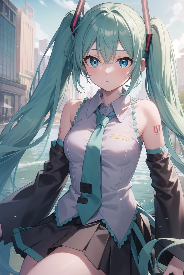 hatsunemiku, <lora:mikuhatsunetest:1>,
miku hatsune, ahoge, aqua eyes, aqua hair, crossed bangs, hair between eyes, hair ornament, headphones, long hair, twintails,
BREAK aqua necktie, black footwear, black skirt, black sleeves, boots, collared shirt, detached sleeves, grey shirt, necktie, pleated skirt, shirt, skirt, sleeveless, sleeveless shirt, thigh boots, tie clip,
BREAK looking at viewer,
BREAK outdoors, city,
BREAK <lyco:GoodHands-beta2:1>, (masterpiece:1.2), best quality, high resolution, unity 8k wallpaper, (illustration:0.8), (beautiful detailed eyes:1.6), extremely detailed face, perfect lighting, extremely detailed CG, (perfect hands, perfect anatomy),