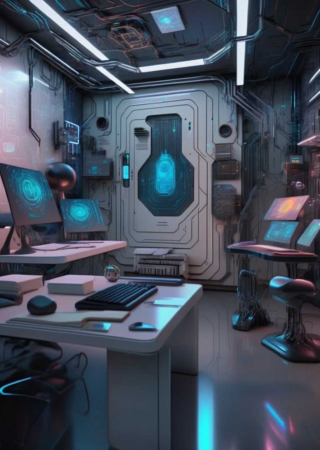 ((magazine photography)) , Techno-savant's den, cybernetic laboratory, AI collaborators, holographic whiteboards, code-covered walls, genius minds sculpting future, neurons and circuits intertwined. , cgstudio, computer graphics, space art , cyberpunk ambient, a room<lora:cyber_room_sdxl:1.0>