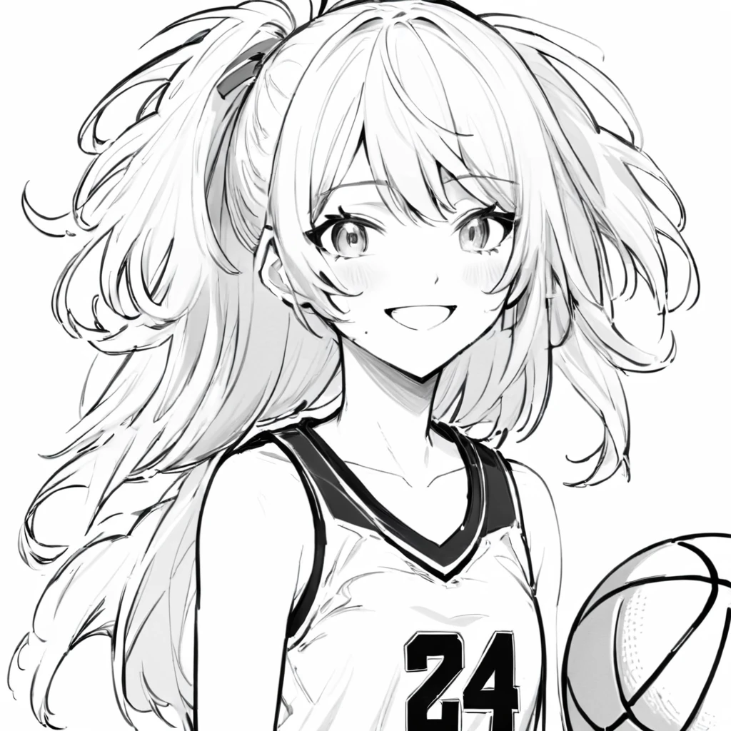 LineAniAF,
best quality, anime girl, messy hair, basketball uniform, (smiling:0.5), lineart, monochrome, colorless
, <lora:Lineart-LineAniAF-LessSize20:1>