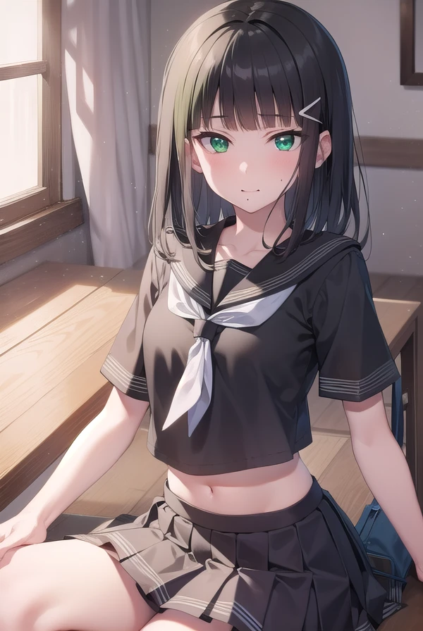 diakurosawa, <lora:diakurosawa:1>, dia kurosawa, black hair, (green eyes:1.5), blunt bangs, grey skirt, hair ornament, hairclip, mole, mole under mouth, (small breast:1.2),
BREAK grey skirt, midriff peek, pleated skirt, school uniform, serafuku, short sleeves, skirt, uranohoshi school uniform,
BREAK looking at viewer,
BREAK indoors, classroom,
BREAK <lyco:GoodHands-beta2:1>, (masterpiece:1.2), best quality, high resolution, unity 8k wallpaper, (illustration:0.8), (beautiful detailed eyes:1.6), extremely detailed face, perfect lighting, extremely detailed CG, (perfect hands, perfect anatomy),